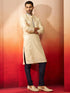 Men's Cream Embroidered Kurta with Navy Blue Churidar